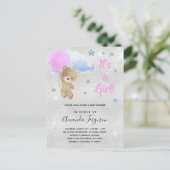 ベビーシャワーteddy bear girl pink silver インビテーションポストカード (スタンド正面)