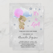 ベビーシャワーteddy bear girl pink silver 招待状 (正面/裏面)