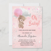 ベビーシャワーteddy bear girl pink silver invitation 招待状 (正面)