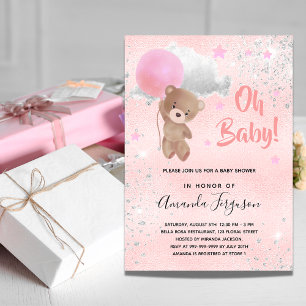ベビーシャワーteddy bear girl pink silver invitation 招待状