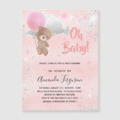 ベビーシャワーteddy bear girl pink silver luxury マグネット招待状 (正面)