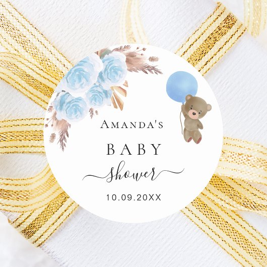 ベビーシャワーteddy bear pampas grass blue boy ラウンドシール