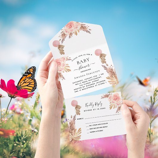 ベビーシャワーteddy pampasピンクフローラ白RSVP オールインワン招待状