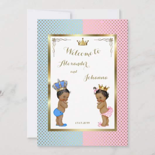 ベビーシャワーTWINS，ピンクブルーエレガント，バックグリッド5x7 招待状 (正面)