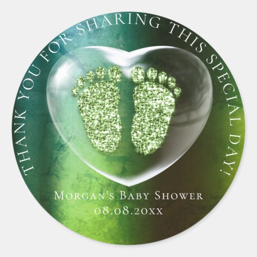 ベビーシャワ感謝していーグリッターハート緑足 ラウンドシール (正面)
