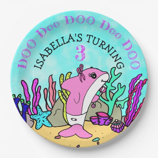 ベビーシャークティール（緑がかった色）コーラルバースデーパーティー ペーパープレート (正面)