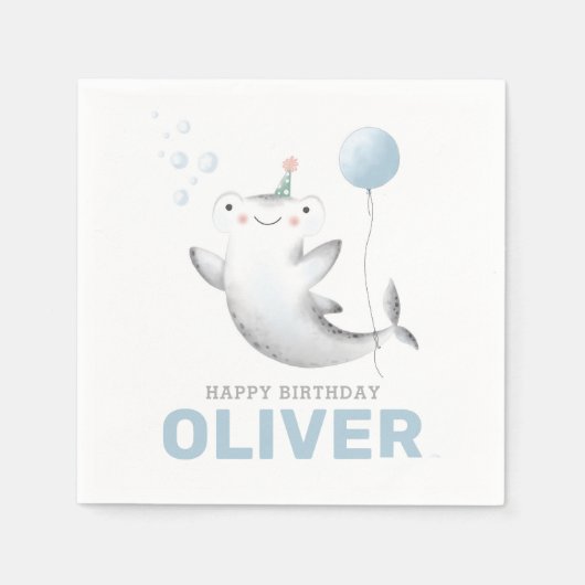 ベビーシャークバルーンキッドの誕生日ナプキン スタンダードカクテルナプキン (正面)