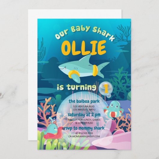 ベビーシャークファースト誕生日招待状 招待状 (正面/裏面)