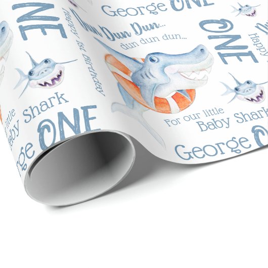 ベビーシャーク1歳の誕生日カスタム水カラーアート ラッピングペーパー (ロールコーナー)