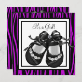 ベビーシューズパープルゼブラベビーガールシャワー 招待状 (正面/裏面)