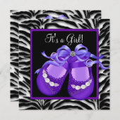 ベビーシューズパープルゼブラベビーガールシャワー 招待状 (正面/裏面)