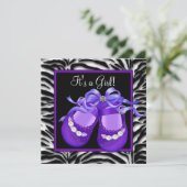 ベビーシューズパープルゼブラベビーガールシャワー 招待状 (スタンド正面)