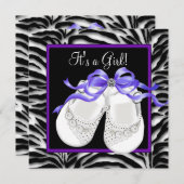 ベビーシューズパープルゼブラベビーガールシャワー 招待状 (正面/裏面)