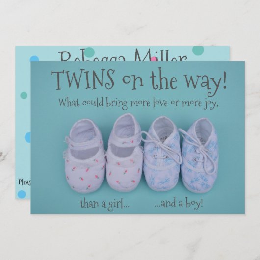 ベビーシューズ男の子と女の子の双子ベビーシャワー招待状 招待状 (正面/裏面)