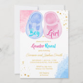 ベビーシューズ男の子または女の子ピンクの青のジェンダーのリビール 招待状 (正面)
