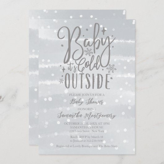 ベビーシルバーグレーの赤ちゃんシャワー外は寒い 招待状 (正面/裏面)