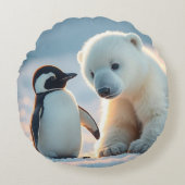 ベビーシロクマとペンギン枕クッション。 ラウンドクッション (正面)