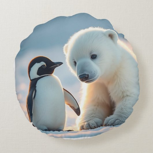 ベビーシロクマとペンギン枕クッション。 ラウンドクッション (裏面)