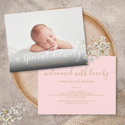 ベビーシンプルフォトスクリプトピンクガール誕生 案内ポストカード