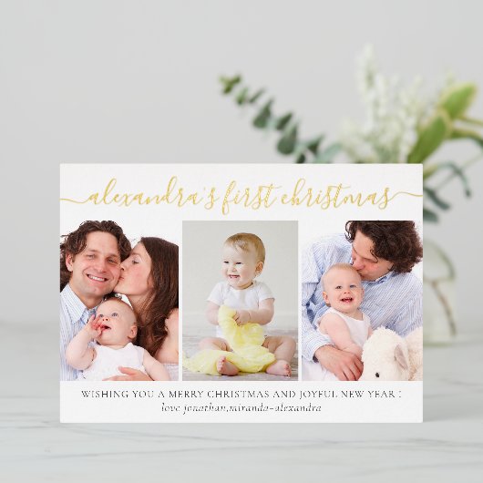 ベビーシンプル初めてのクリスマスフォトコラージュ金ゴールド 箔シーズンカード (立ち正面)