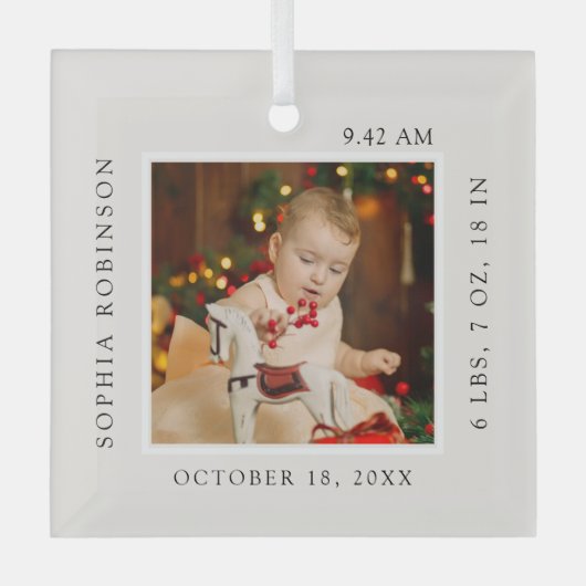 ベビーシンプル名&誕生統計フォトキープサケ ガラスオーナメント (正面)