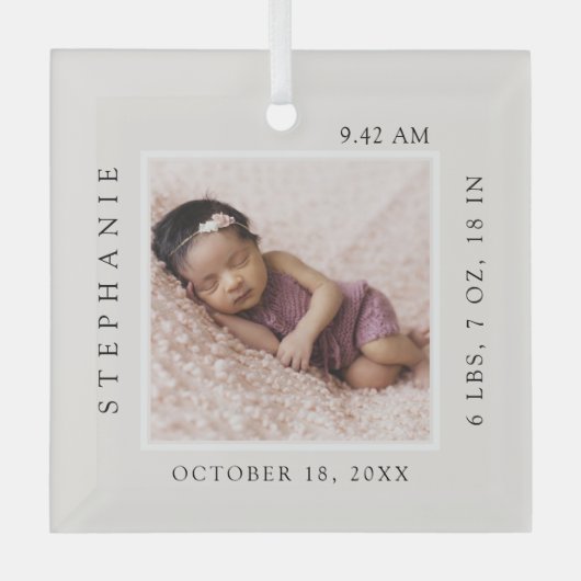 ベビーシンプル名&誕生統計フォトキープサケ ガラスオーナメント (正面)