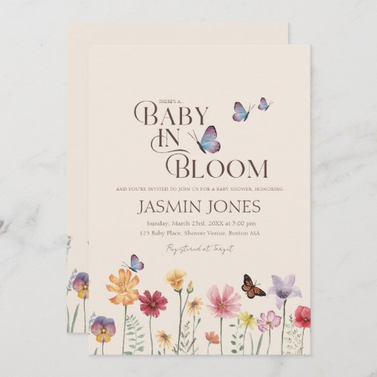ベビーシンプル開花ワイルドフラワーベビーシャワー 招待状 (正面/裏面)