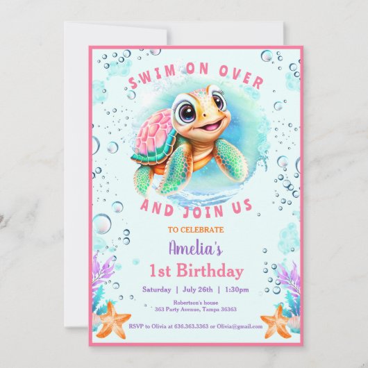 ベビーシータートルガールカスタムエージファースト誕生日 招待状 (正面)