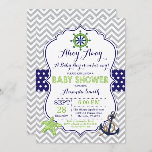 ベビーシ航海のャワー招待状ネイビーグリーングレー 招待状 (正面/裏面)