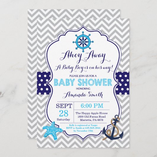 ベビーシ航海のャワー招待状ネイビーブルーグレー 招待状 (正面/裏面)
