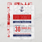 ベビーシ航海のャワー招待状、ボーイブルーレッドアホイ 招待状 (正面/裏面)