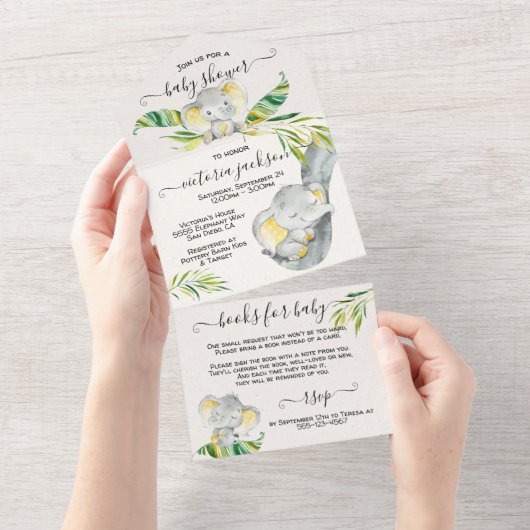 ベビージャングルエレファントベビーシャワー オールインワン招待状 (貼ってはがせる)