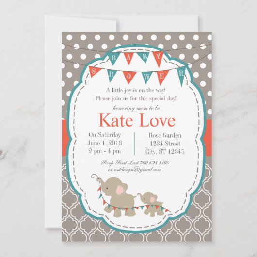 ベビージョイエレファントシャワー招待状 – オレンジ/ティール（緑がかった色） 招待状 (正面)