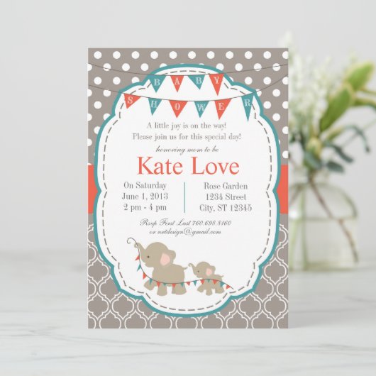 ベビージョイエレファントシャワー招待状 – オレンジ/ティール（緑がかった色） 招待状 (スタンド正面)