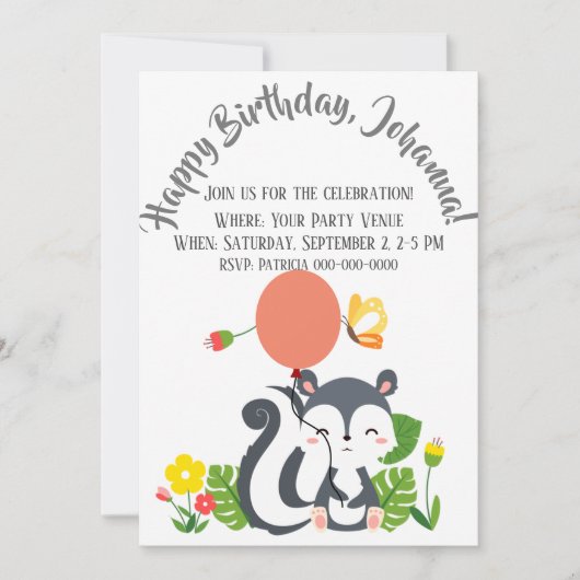 ベビースカンクバタフライ&フラワーズ誕生日 招待状 (正面)