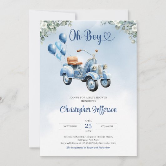 ベビースクータバルーンeucalyptusボーイベビーシャワー 招待状 (正面)