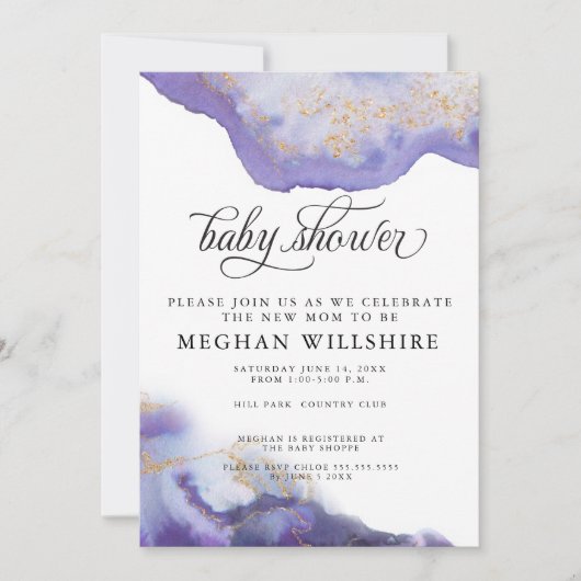 ベビースシャワーアメジスト水彩ゲード 招待状 (正面)