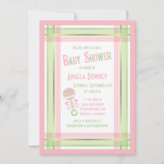 ベビースシャワー招待状ピンクグリーンプレイドガラトル 招待状 (正面)