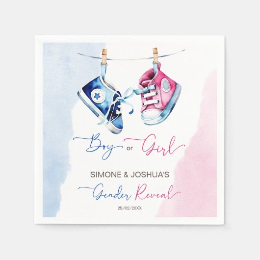 ベビースニーカー男の子または女の子ピンクの青のジェンダーのリビール スタンダードカクテルナプキン (正面)