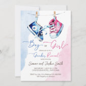 ベビースニーカー男の子または女の子ピンクの青のジェンダーのリビール 招待状 (正面)