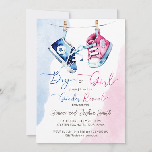 ベビースニーカー男の子または女の子ピンクの青のジェンダーのリビール 招待状 (正面)