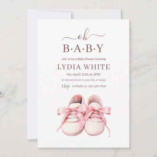 ベビースニーカー赤ちゃんシャワー招待状ベビーガール 招待状 (正面)