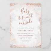 ベビースノーフレークピンク赤ちゃんシャワー外は寒い 箔招待状 (正面)