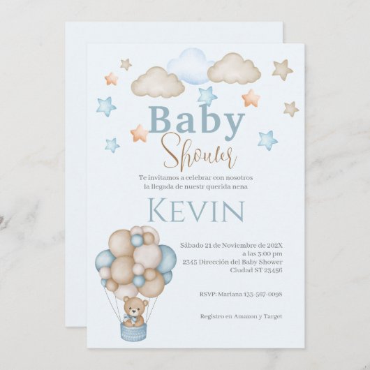 ベビースペインのシャワー招待状ブルーベアーボーイ 招待状 (正面/裏面)