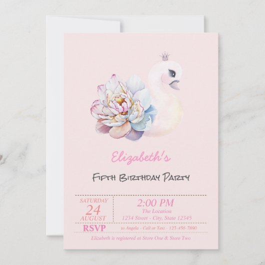 ベビースワンフラワーピンク誕生日 招待状 (正面)