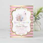 ベビースワンフラワー金ゴールドストライプベビーシャワー 招待状 (スタンド正面)