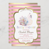 ベビースワンフラワー金ゴールドストライプベビーシャワー 招待状 (正面/裏面)