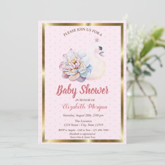 ベビースワン、水玉模様、フローラベビーシャワー 招待状 (スタンド正面)