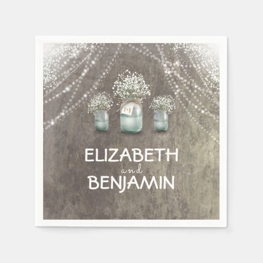 ベビーズブレスとメイソン・ジャー結婚ン・バーン スタンダードカクテルナプキン (正面)