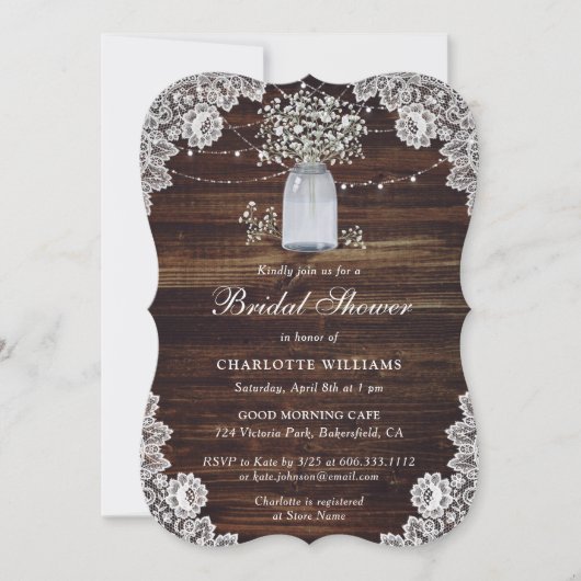 ベビーズブレスウッド素朴メイソンジャーブライダルシャワー 招待状 (正面)